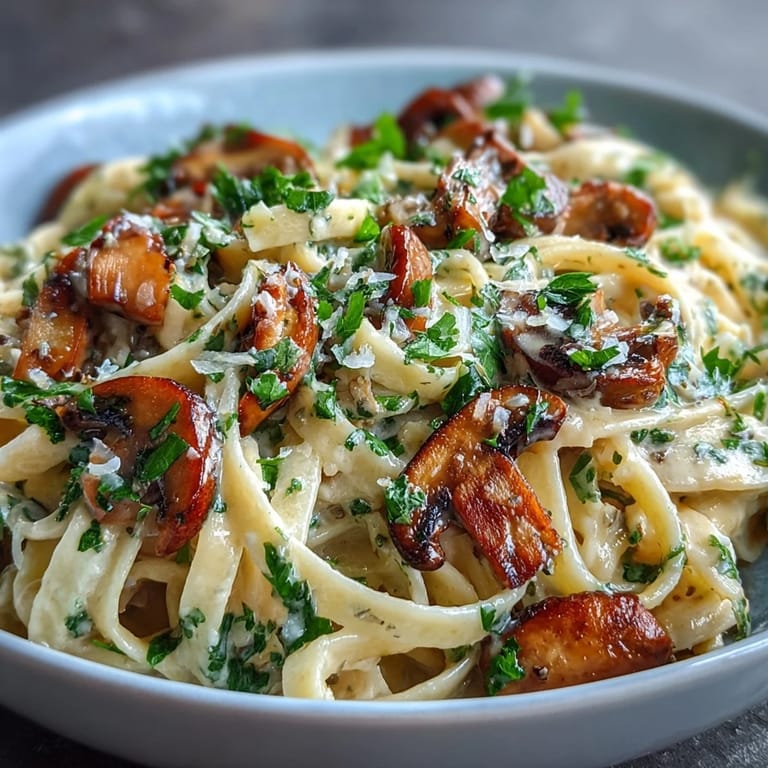 Delicious fettuccine pasta coated in a velvety mushroom and garlic cream sauce.
