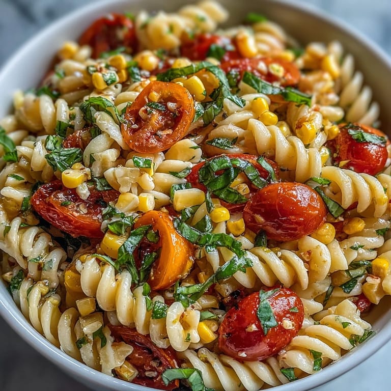 Colorful Summer Corn and Tomato Pasta Salad bursting with garden-fresh flavor.
