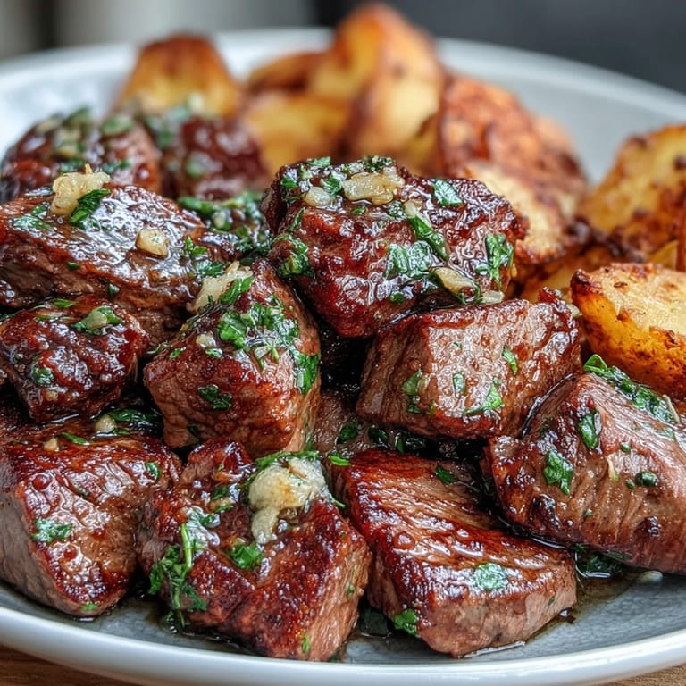Golden brown Garlic Butter Steak Bites and Potatoes, ready to be devoured.