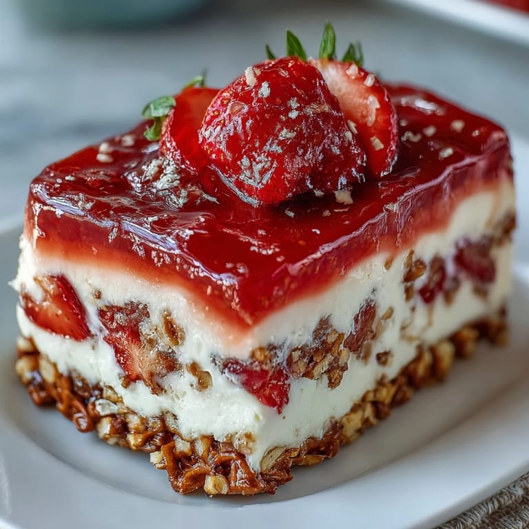 A layered Strawberry Pretzel Jello Salad, sweet, salty, and refreshing dessert.