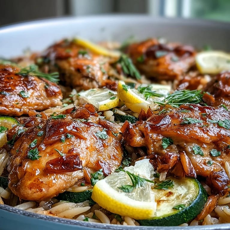Easy skillet dinner: tender chicken, zucchini, and orzo with bright lemon zest.