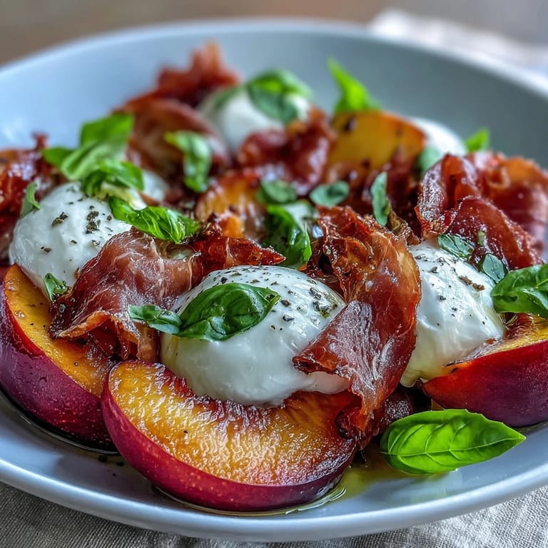 Easy prosciutto peach burrata salad, perfect for a light, flavorful lunch.
