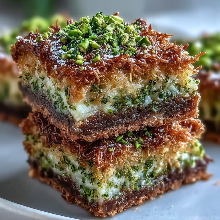 Sweet and savory Pistachio Kunafa Brownies, a delightful fusion dessert slice.
