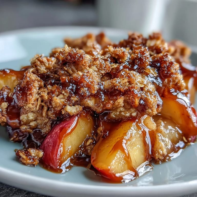 Warm Miso Caramel Peach Crisp with gooey caramel poured over juicy sliced peaches.