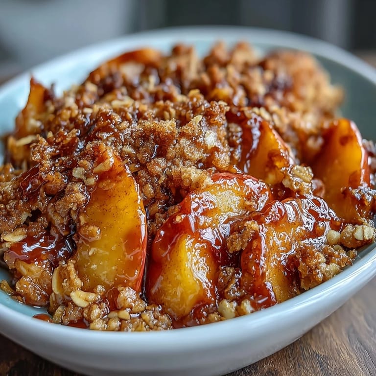 Inviting Miso Caramel Peach Crisp ready to serve, topped with a buttery, oat crumble.
