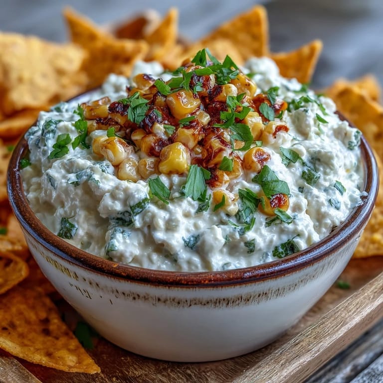 Golden cottage cheese queso, vibrant with corn kernels, perfect for sharing.