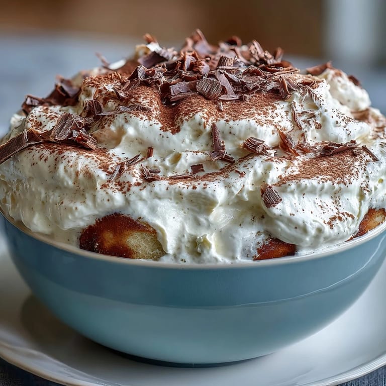 Decadent bowl of Whipped Cottage Cheese Tiramisu, a no-bake Italian-inspired treat.