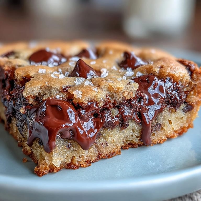 Warm tahini chocolate chip cookie pie, sprinkled with salt, ready to serve.