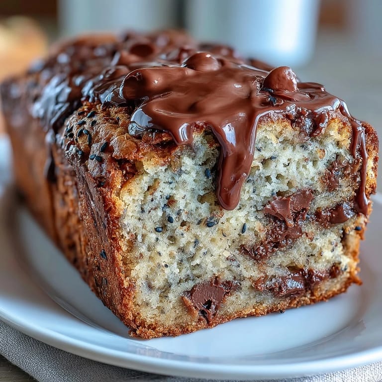 Golden-brown loaf of black sesame chocolate chip banana bread, ready for slicing.