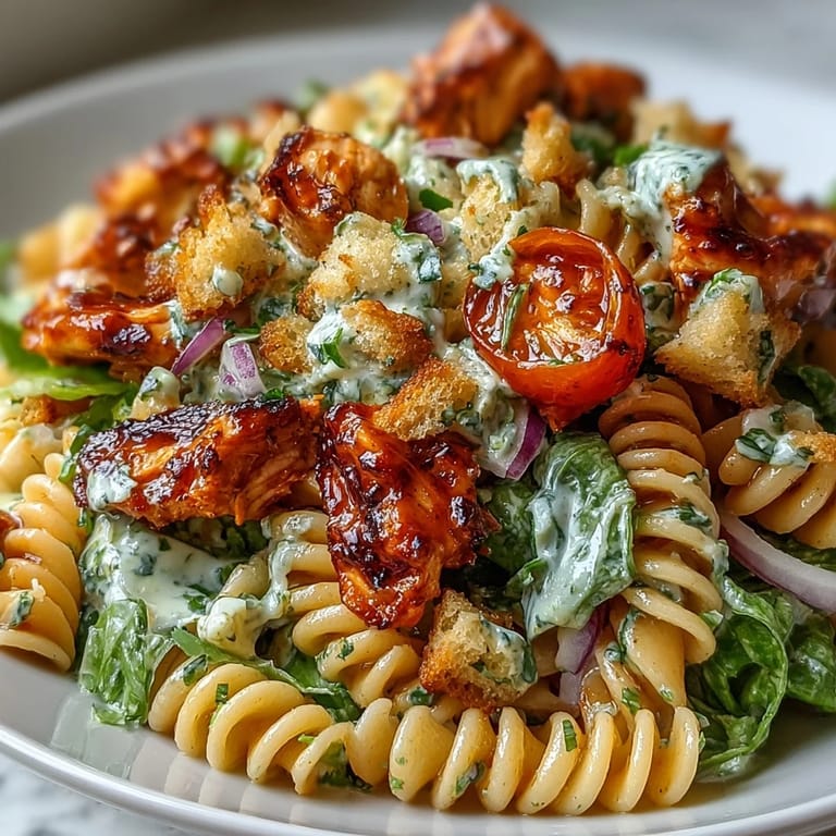 Delicious buffalo chicken caesar pasta salad, a flavorful summer dish ready to enjoy.