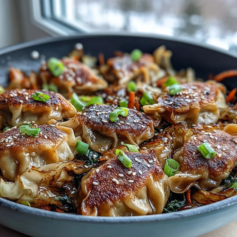 Sizzling skillet of crispy cabbage dumplings and caramelized vegetables, perfect for sharing.