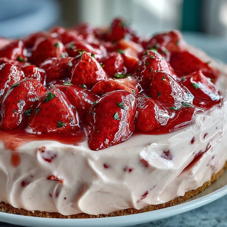 Tangy, sweet frozen strawberry lemonade pie adorned with fresh fruit garnish.