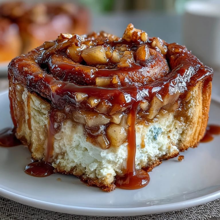 Warm Caramel Apple Cheesecake Cinnamon Rolls, perfect for a sweet brunch treat.