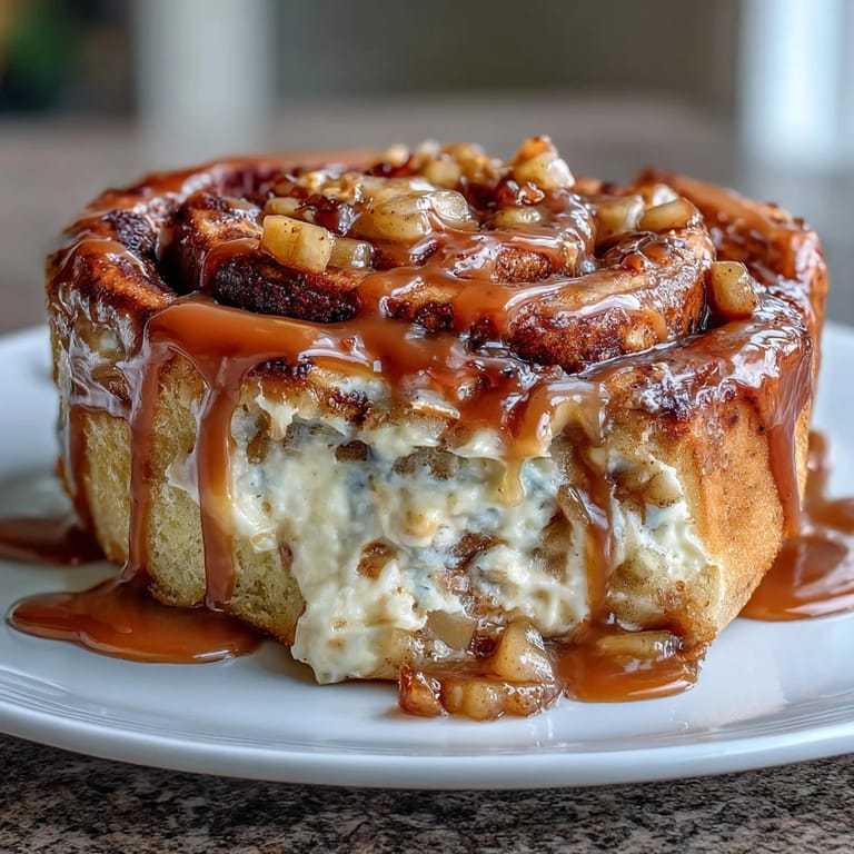 Fluffy Caramel Apple Cheesecake Cinnamon Rolls topped with decadent caramel sauce.