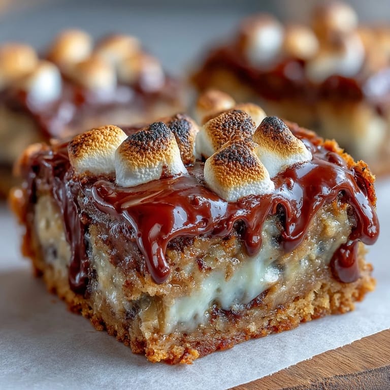 Chewy pumpkin bars crowned with toasted marshmallows and chocolate chips.