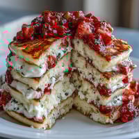 Fluffy cottage cheese strawberry protein pancakes topped with fresh berries for a healthy, protein-packed breakfast.  