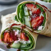 Fresh strawberry spinach wraps with goat cheese crumble, featuring vibrant red berries and creamy white cheese on whole wheat tortillas.  