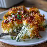 Cheesy jalapeño funeral potatoes with golden cornflake topping and creamy potato base