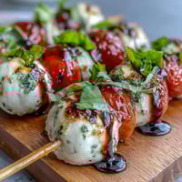 Picnic Caprese Skewers with Balsamic Drizzle: Vibrant cherry tomatoes, fresh mozzarella, and fragrant basil on skewers, drizzled with sweet-tangy balsamic reduction.  