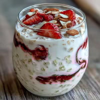 Fluffy yogurt overnight oats with strawberry swirl, creamy and airy with a vibrant homemade fruit topping.  
