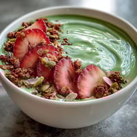 Strawberry Matcha Latte Smoothie Bowl with fresh strawberries, creamy matcha, and crunchy granola for a nourishing breakfast.