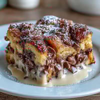 A warm chocolate croissant bread pudding with golden, custard-soaked croissants and melted chocolate chips, dusted with powdered sugar and ready to serve.