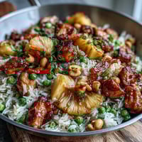 Tropical Hawaiian Pineapple Chicken Fried Rice with juicy pineapple chunks and tender chicken in a colorful, savory stir-fry.  