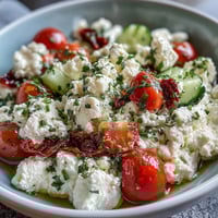 Protein-packed cottage cheese breakfast bowl with fresh vegetables and herbs, ideal for a healthy morning start.  