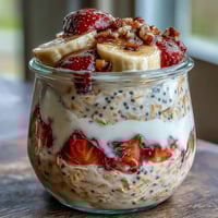 Creamy overnight oats with chia seeds, fresh strawberries, and ripe banana slices for a healthy breakfast.