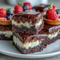 A colorful spread of mini brownie bites, lemon cheesecake cups, and fruit tartlets on a tiered dessert stand, perfect for a housewarming party.  