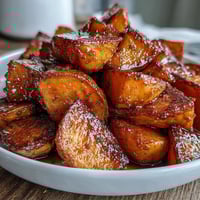Soul Food Candied Yams with Brown Sugar Syrup glistening in a baking dish, rich and glossy with warm cinnamon and nutmeg spices.