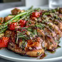Juicy chicken breasts roasted with zucchini, cherry tomatoes, and red onion for a fresh spring dinner.  