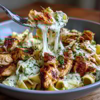 Creamy French Onion Chicken Pasta in a bubbling pot with melted Gruyère and mozzarella, caramelized onions, and tender chicken pieces.