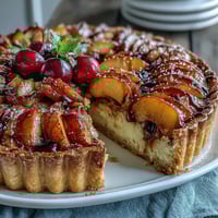 Rustic summer stone fruit galette with frangipane filling, golden pastry, and juicy peaches and plums.