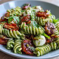 Vibrant summer pasta salad with pesto, cherry tomatoes, and mozzarella, perfect for picnics and warm-weather dining.