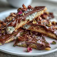 Crispy kataifi pastry and pistachio cream nestled in rich chocolate bark for a luxurious Dubai-inspired treat.