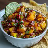 1. Vibrant mango habanero salsa with juicy mango chunks, fiery habanero, and fresh cilantro, perfect for dipping chips or topping tacos.  