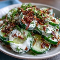 Crisp cucumber salad with everything bagel dressing, a refreshing summer side dish.