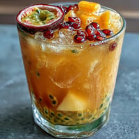 Tropical Sunrise Mocktail with passionfruit and orange, beautifully layered and refreshing.