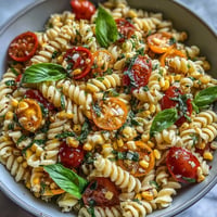 Vibrant Summer Corn and Tomato Pasta Salad with juicy tomatoes and zesty dressing.