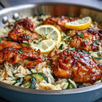 Golden-brown chicken and vibrant green zucchini atop fluffy orzo in a skillet.