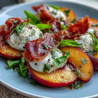 Creamy burrata, sweet peaches, and salty prosciutto in a vibrant summer salad.