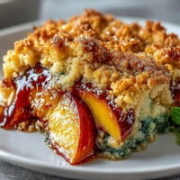 Golden baked matcha peach cobbler bubbling with tender biscuits and juicy fruit.