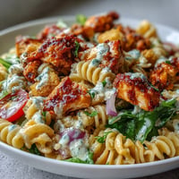 Spicy buffalo chicken caesar pasta salad, vibrant and creamy with crisp romaine.