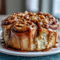 Caramel Apple Cheesecake Cinnamon Rolls with gooey caramel drizzle and fruit swirls.
