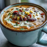 Hearty Creamy Taco Soup loaded with corn and black beans, ready for toppings.